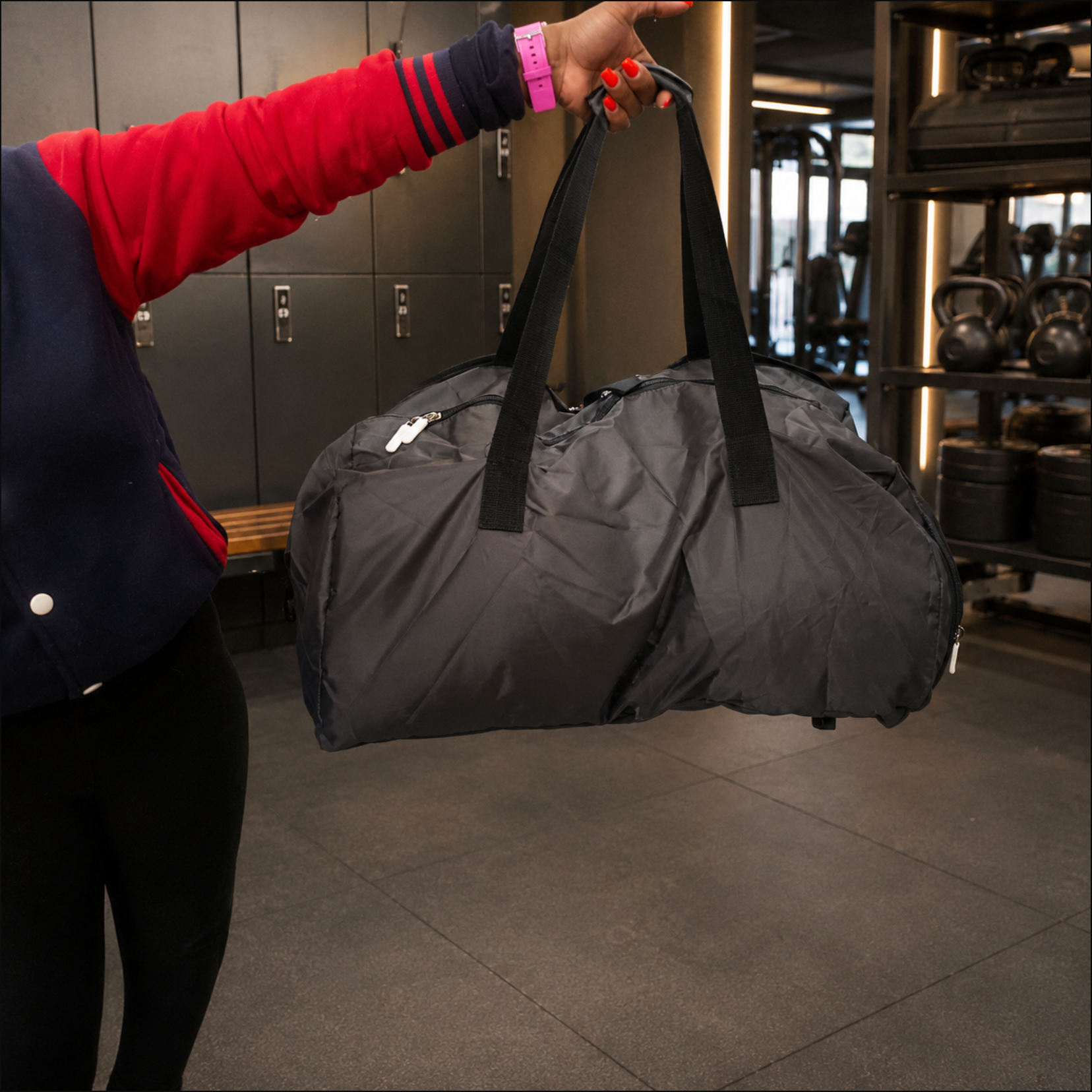 Person holding a black duffel bag in a locker room setting