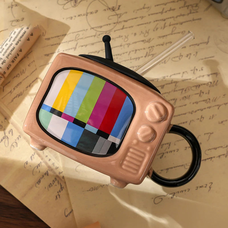Retro TV Ceramic Mug with Lid & Straw – 450ml