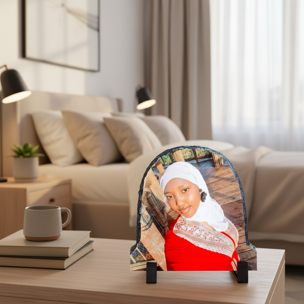 Decorative photo plaque of a woman in a red outfit on a wooden table in a living room.