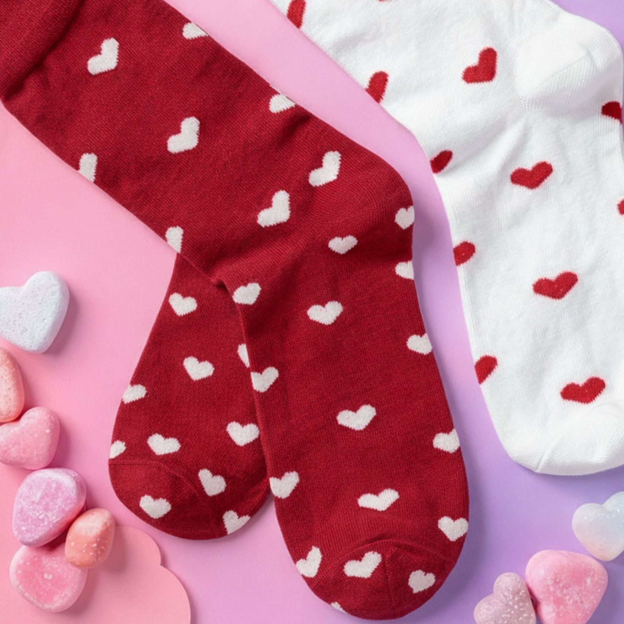 Heart to Heart Cotton Heart Print Sock Set 5.1 Inch – 2-Pair Red & White Socks