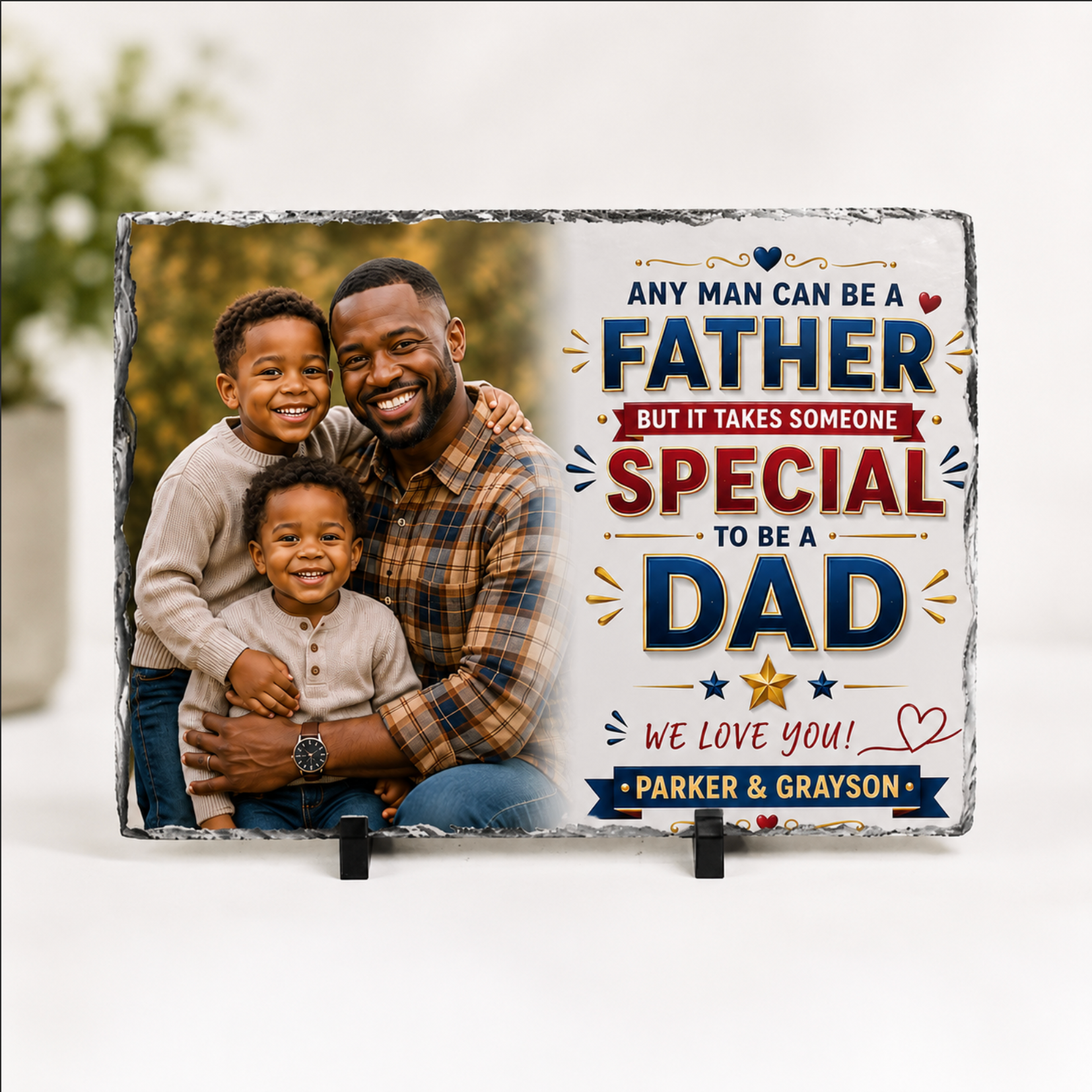 Personalized plaque with a father and two sons, featuring a quote about being a special dad.