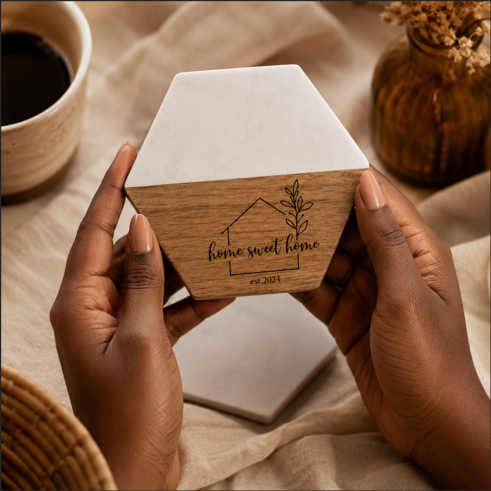 Honeycomb-shaped wooden block with 'home sweet home' engraving held by hands on a neutral background.