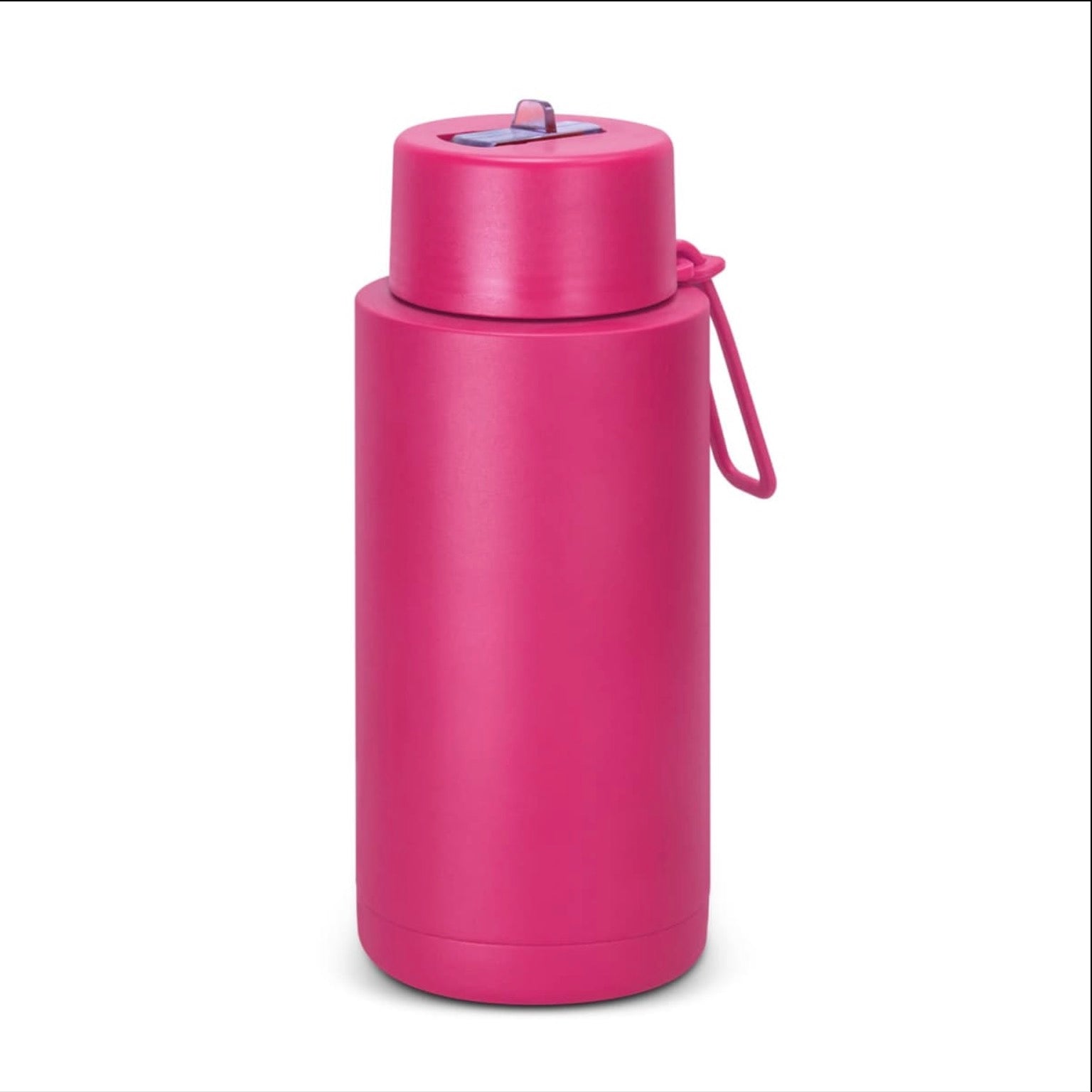 A pink insulated water bottle with a matching screw-top lid and carrying loop, shown on a plain white background.