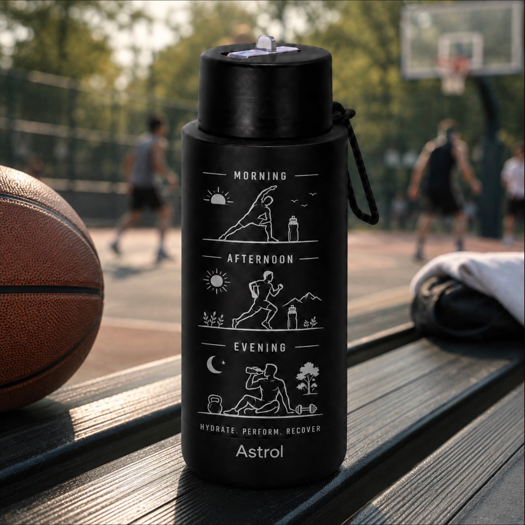 A black Astrol water bottle with white graphic illustrations of daily activity times (morning, afternoon, evening) sits on a wooden bench at an outdoor basketball court, with a basketball on the left and a towel on the right.