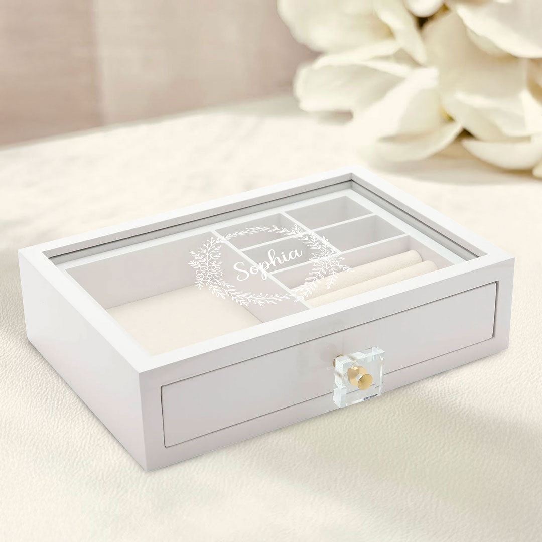 White Wooden Jewellery Box With Compartments and 1 Drawer