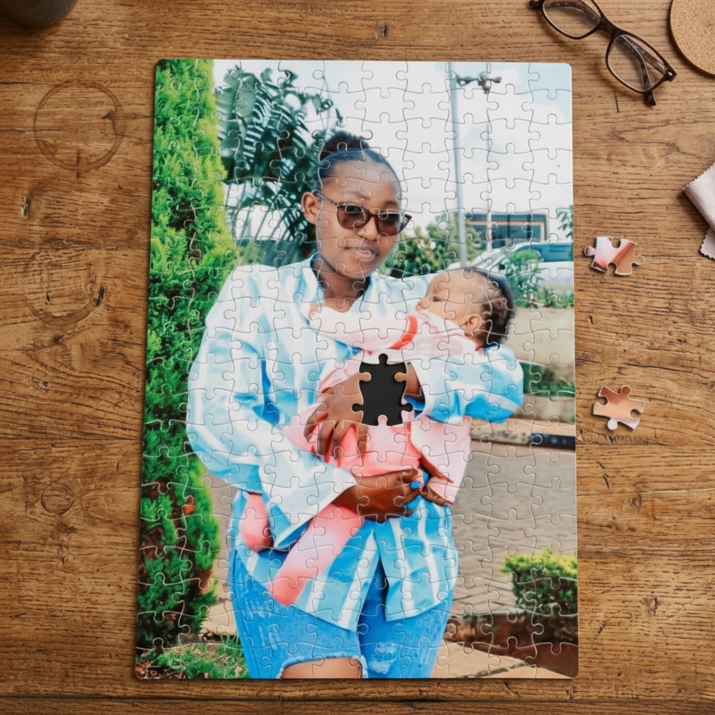 Jigsaw puzzle of a woman holding a child on a wooden surface