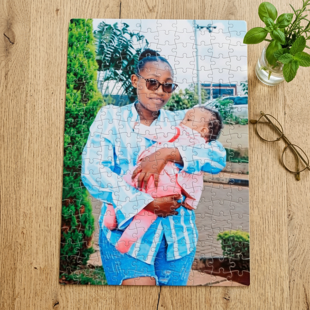 Jigsaw puzzle of a woman holding a child on a wooden surface with glasses and a plant.