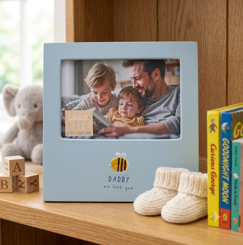 Photo frame with a family photo on a wooden shelf with books and baby shoes.