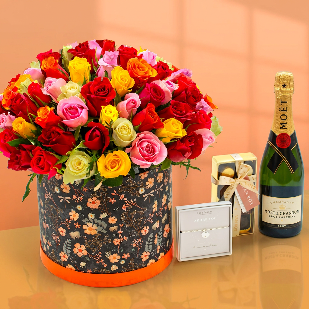 Luxury Rose Gift Set with Moët , Chocolate & Bracelet