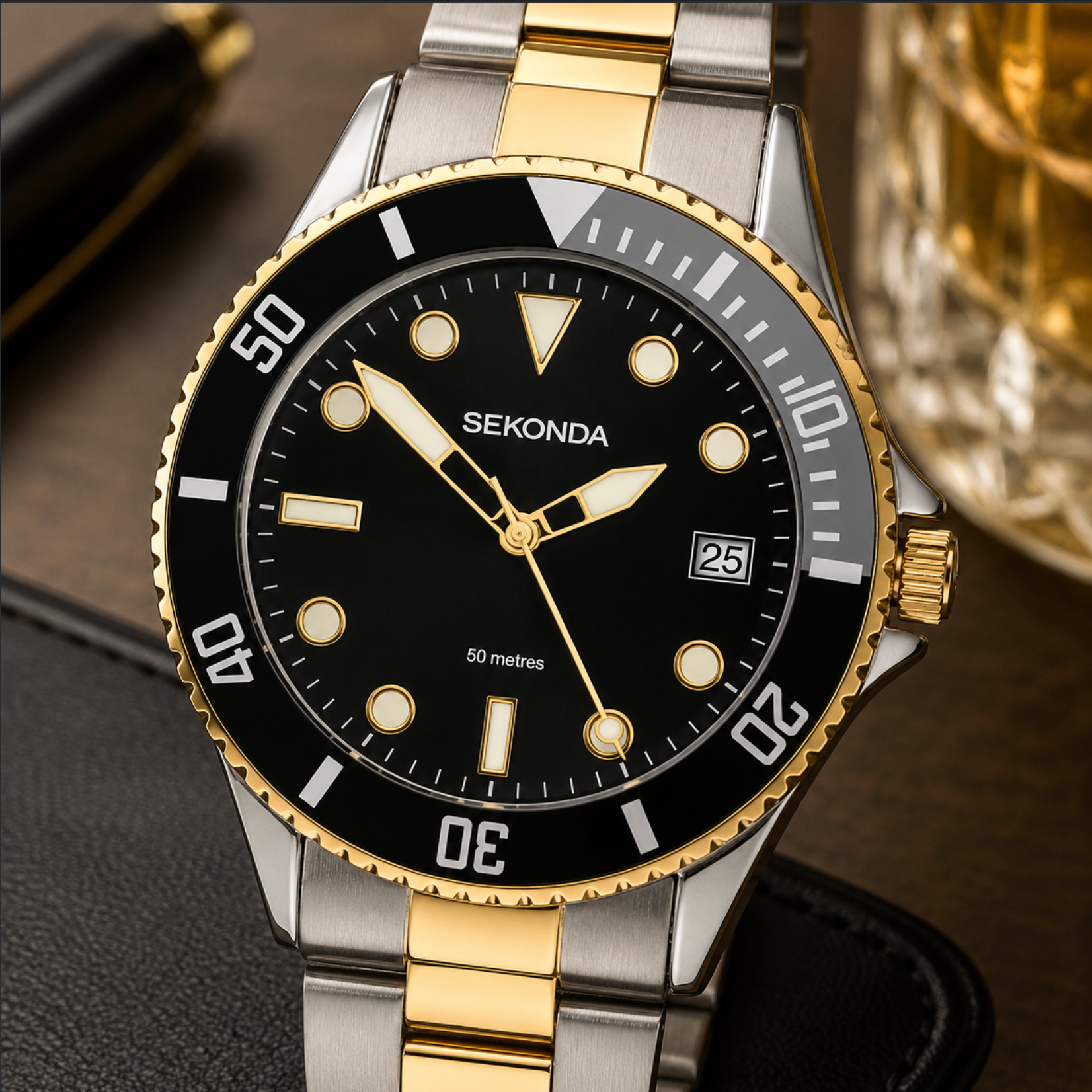 Sekonda watch with black dial and gold accents on a dark surface