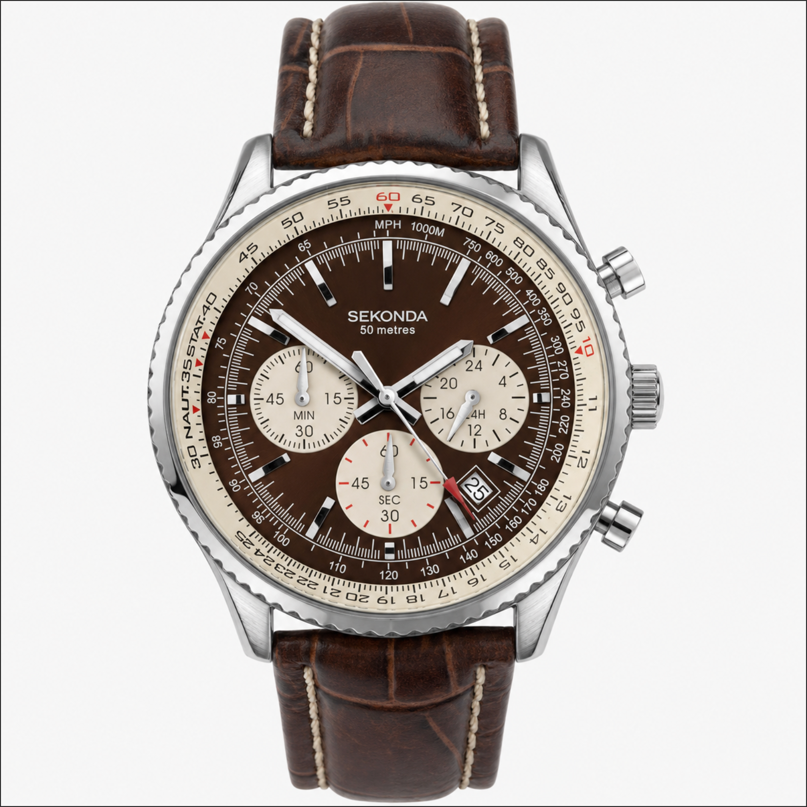 Sekonda watch with brown leather strap and detailed face on a white background