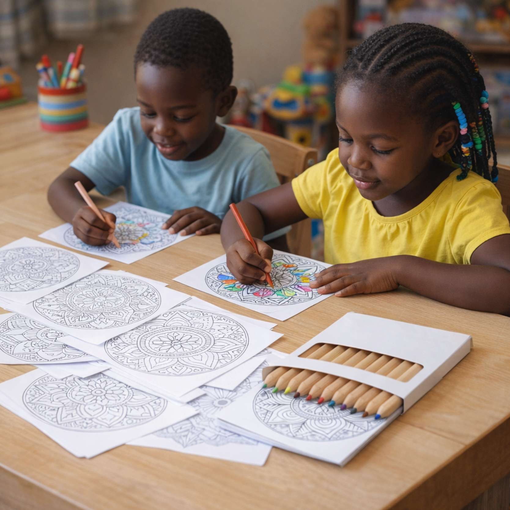 Set Of 12 Pencils And 12 Coloring Sheets With Mandala Designs