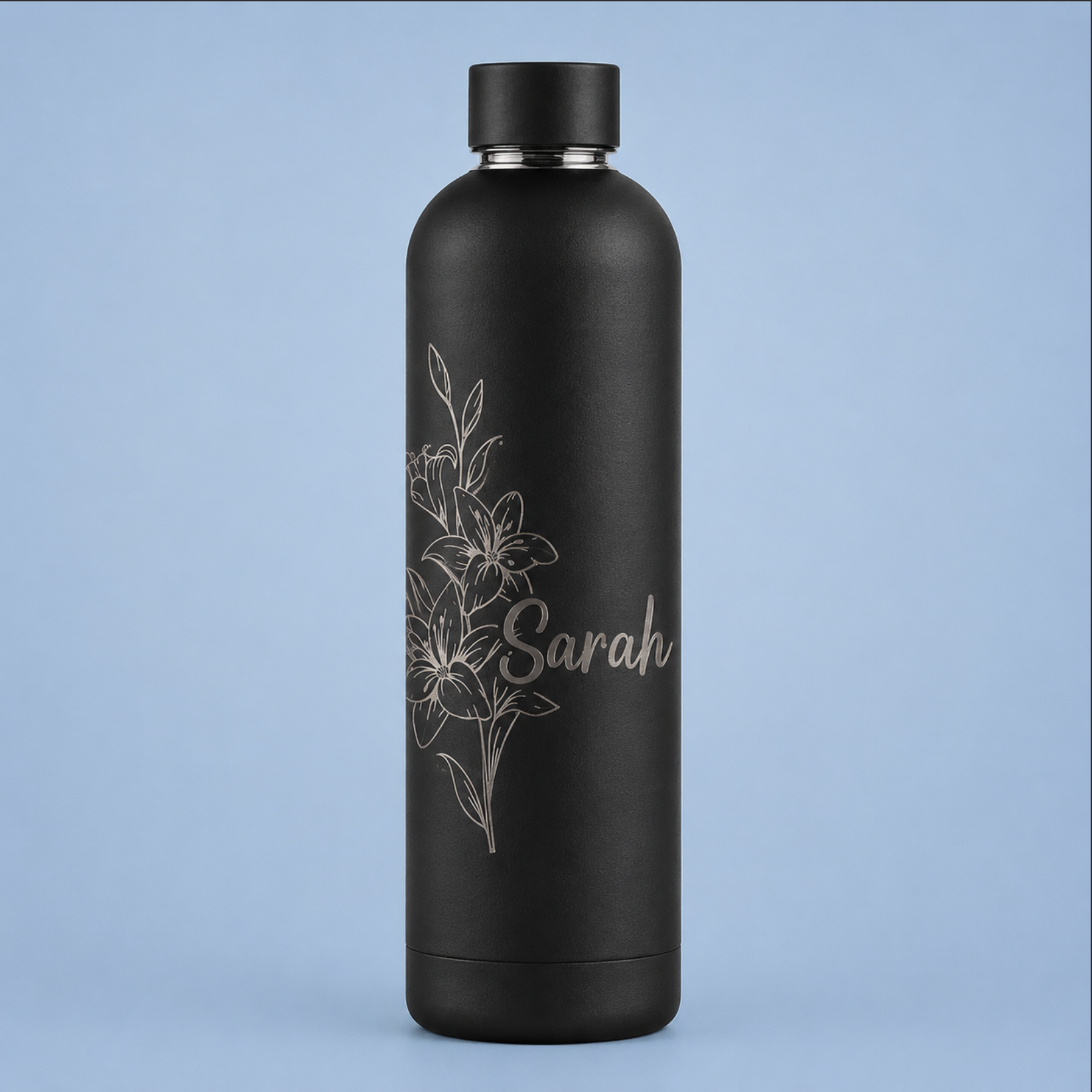Personalised Soft Touch Black Water Bottle – 500ml Stainless Steel Flask