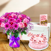 May Babies Gift of the Month;  Raspberry Chocolate Cake & Pink Elegance Bouquet