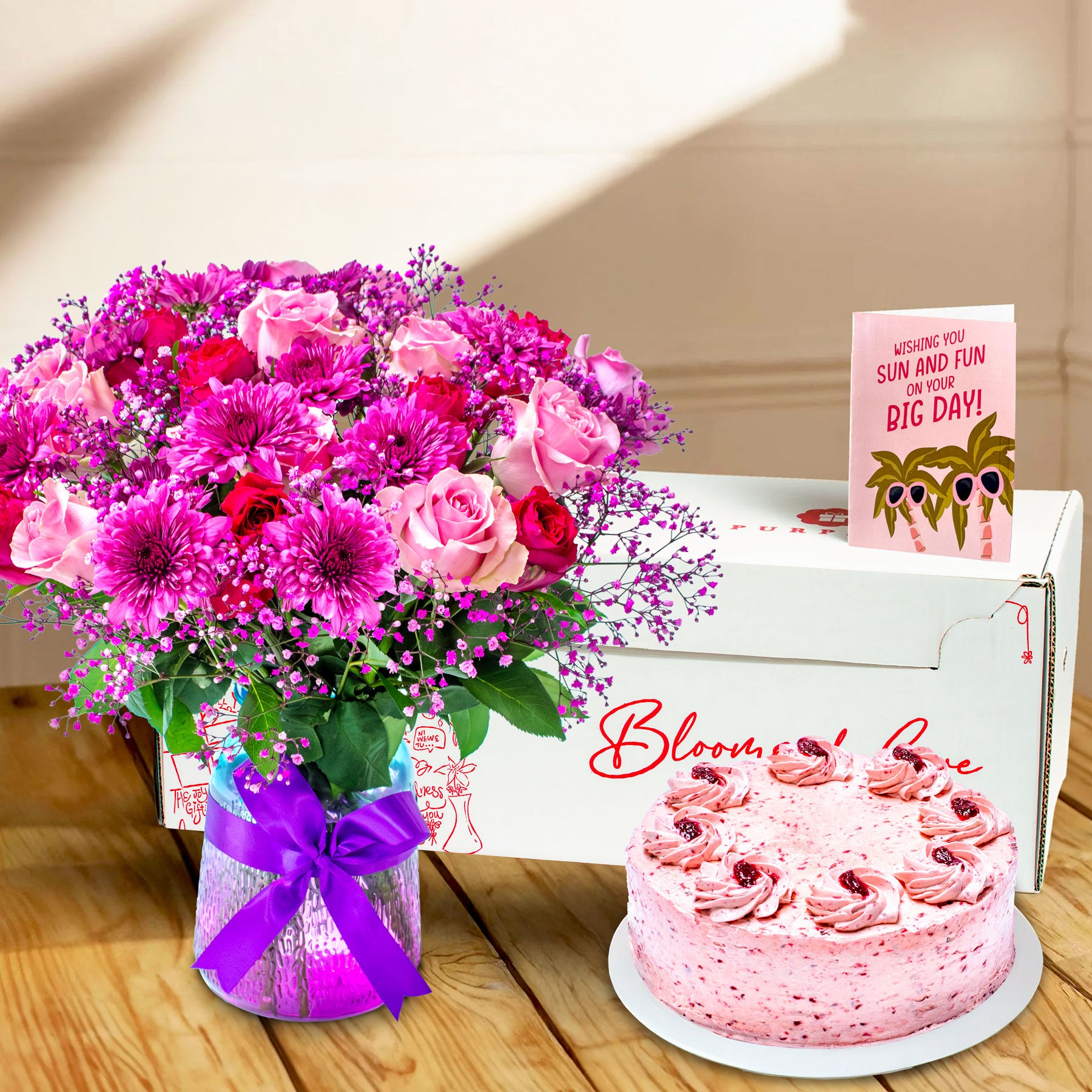 May Babies Gift of the Month;  Raspberry Chocolate Cake & Pink Elegance Bouquet