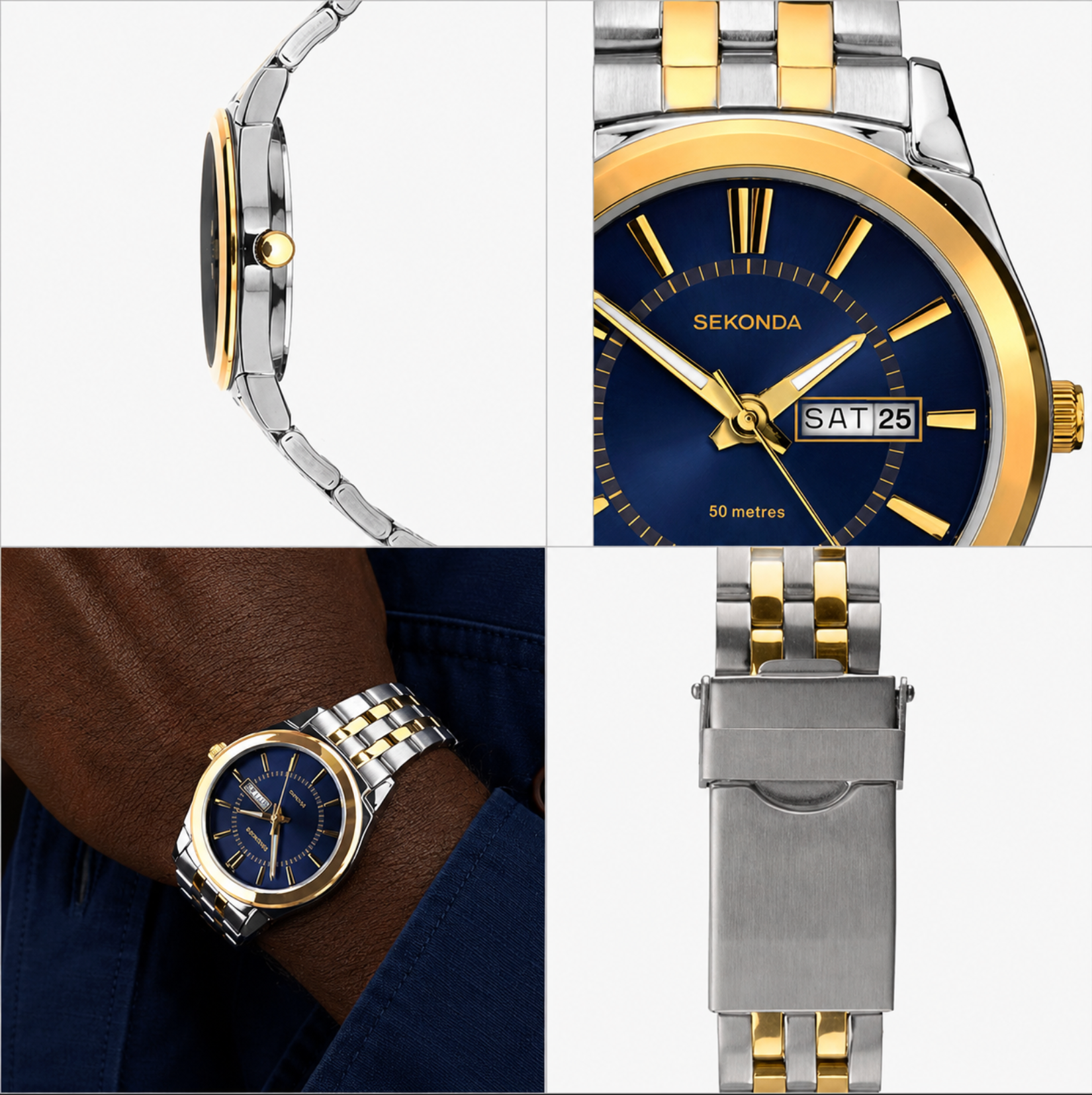 Sekonda watch with gold and silver band on a white background