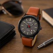 Sekonda watch with brown leather strap on a wooden surface with wallet and pen.