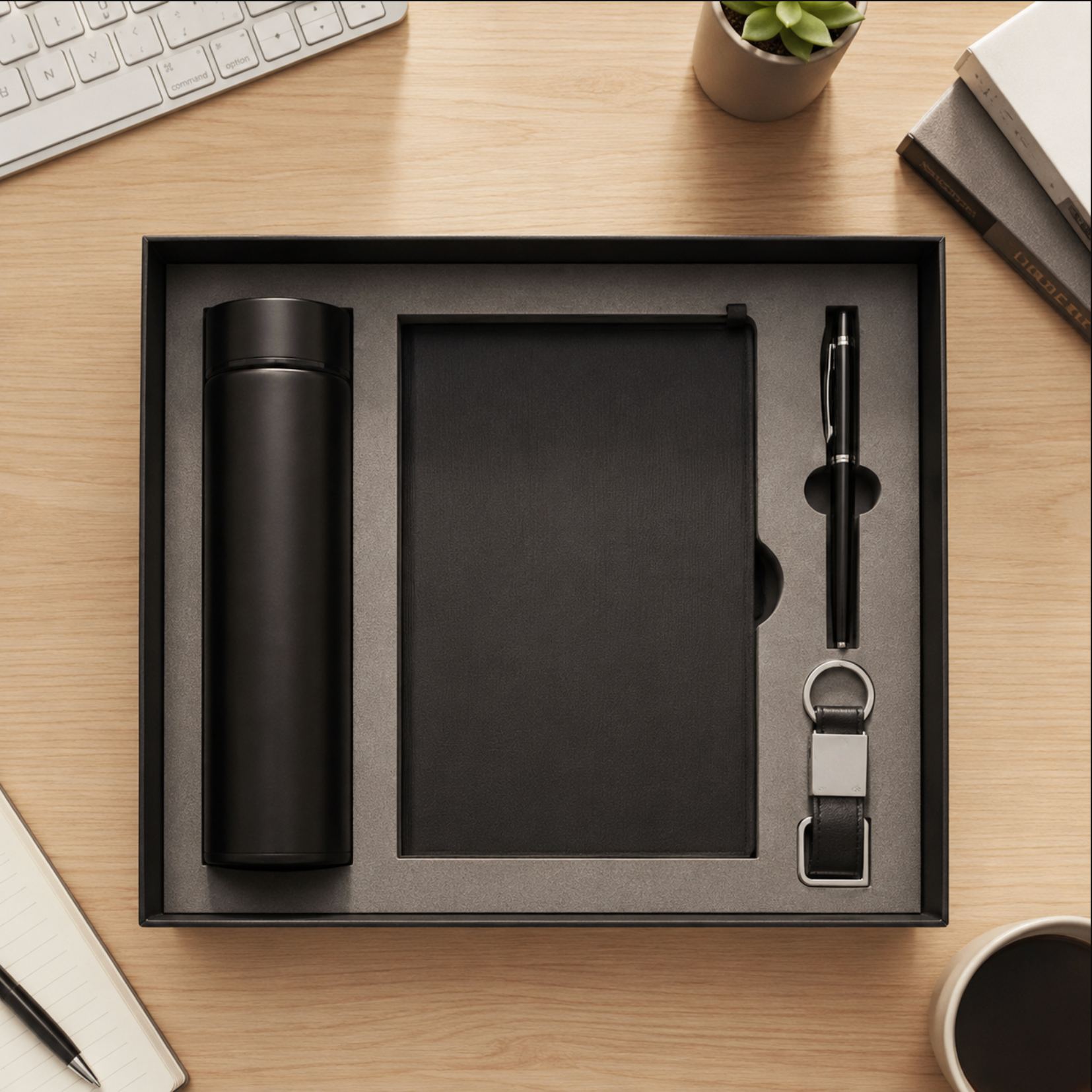 Notebook Gift Set – A5 Notebook, 500 ml Bottle, Pen & Keychain Set Black & Blue