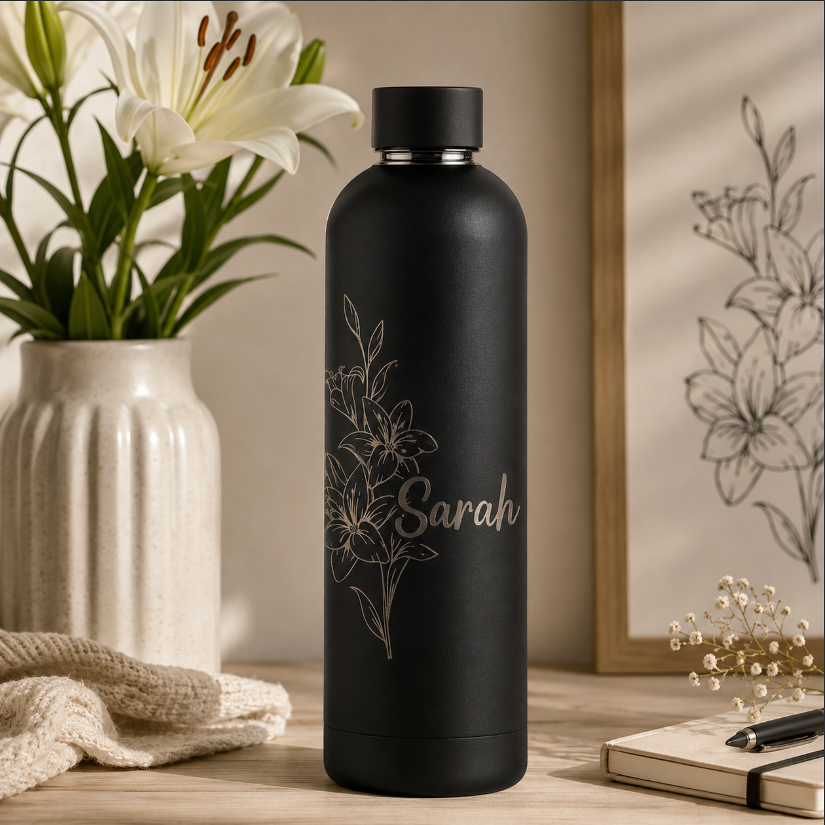 Personalised Soft Touch Black Water Bottle – 500ml Stainless Steel Flask
