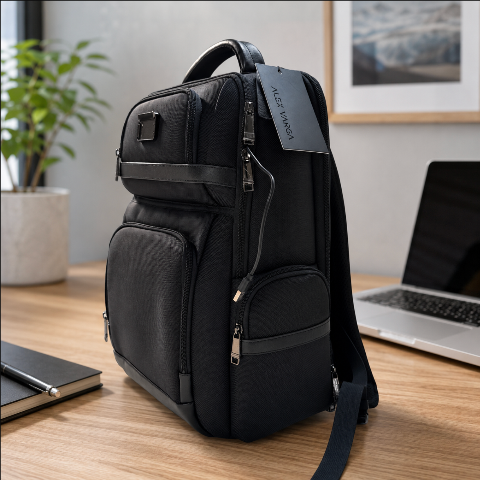 Black backpack on a desk with a laptop and notebook in an office setting