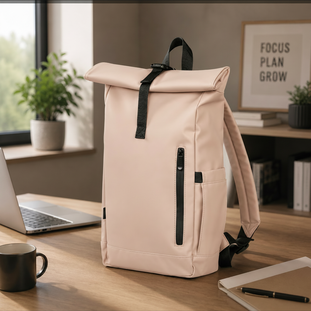 Beige backpack with black accents on a desk in an office setting, featuring the Archway Consulting logo.
