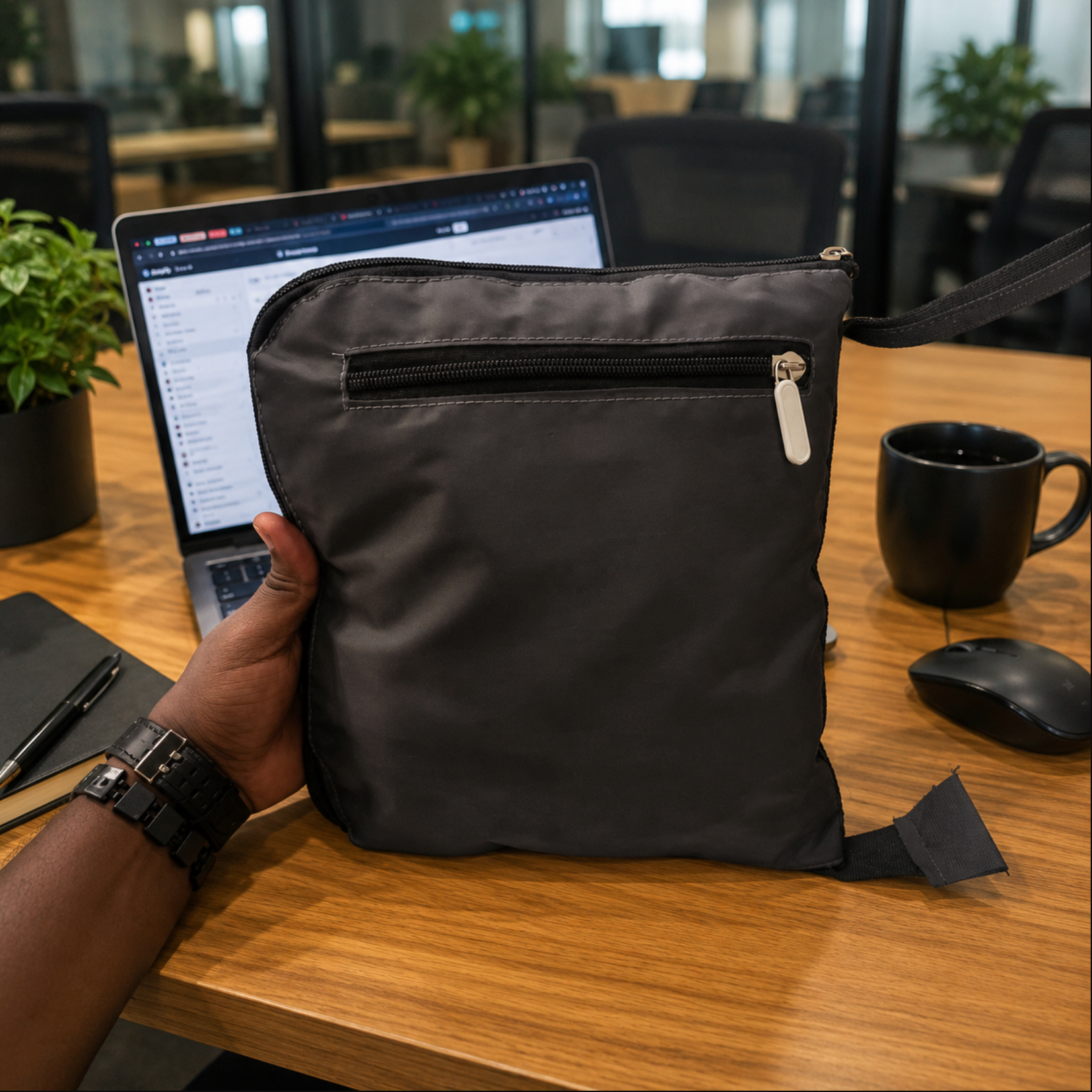 Modern office desk with pouch and laptop