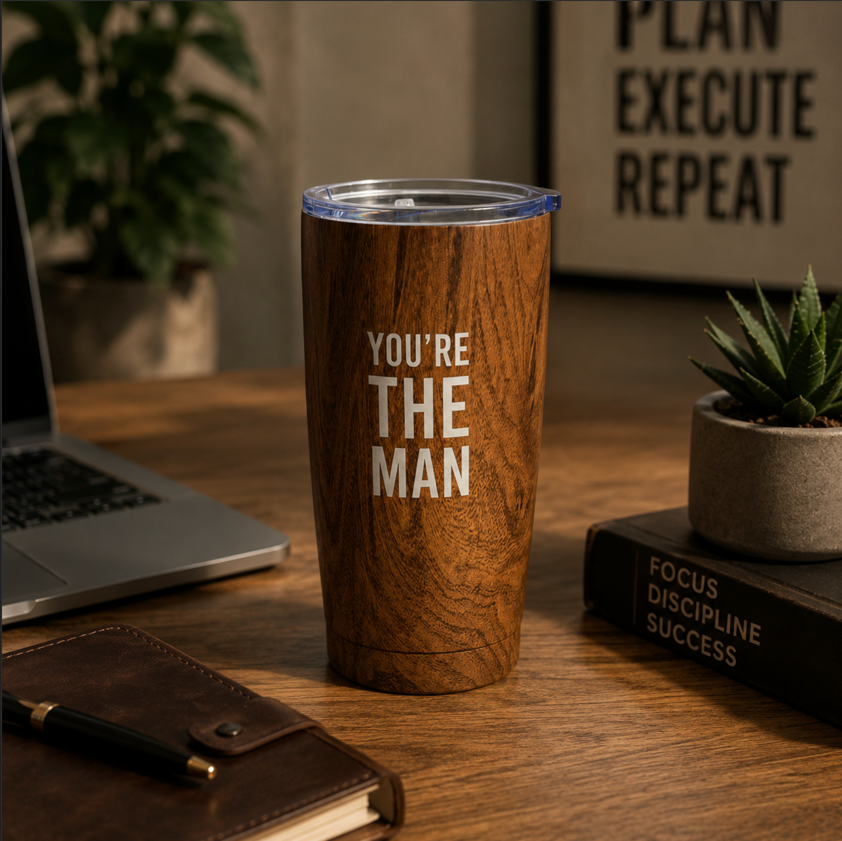 Personalised Wood Finish Stainless Steel Travel Tumbler – 20oz Insulated Mug