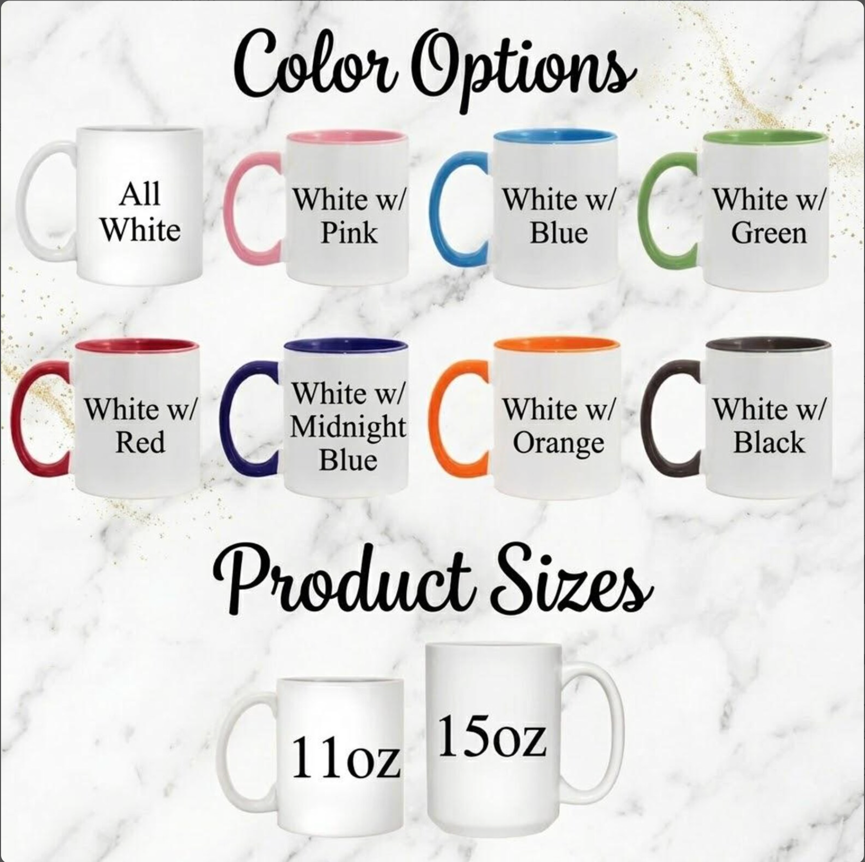 Collection of white mugs with color options and sizes on a marble background
