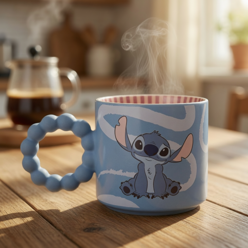 Mug with cartoon character on a wooden table with coffee in the background