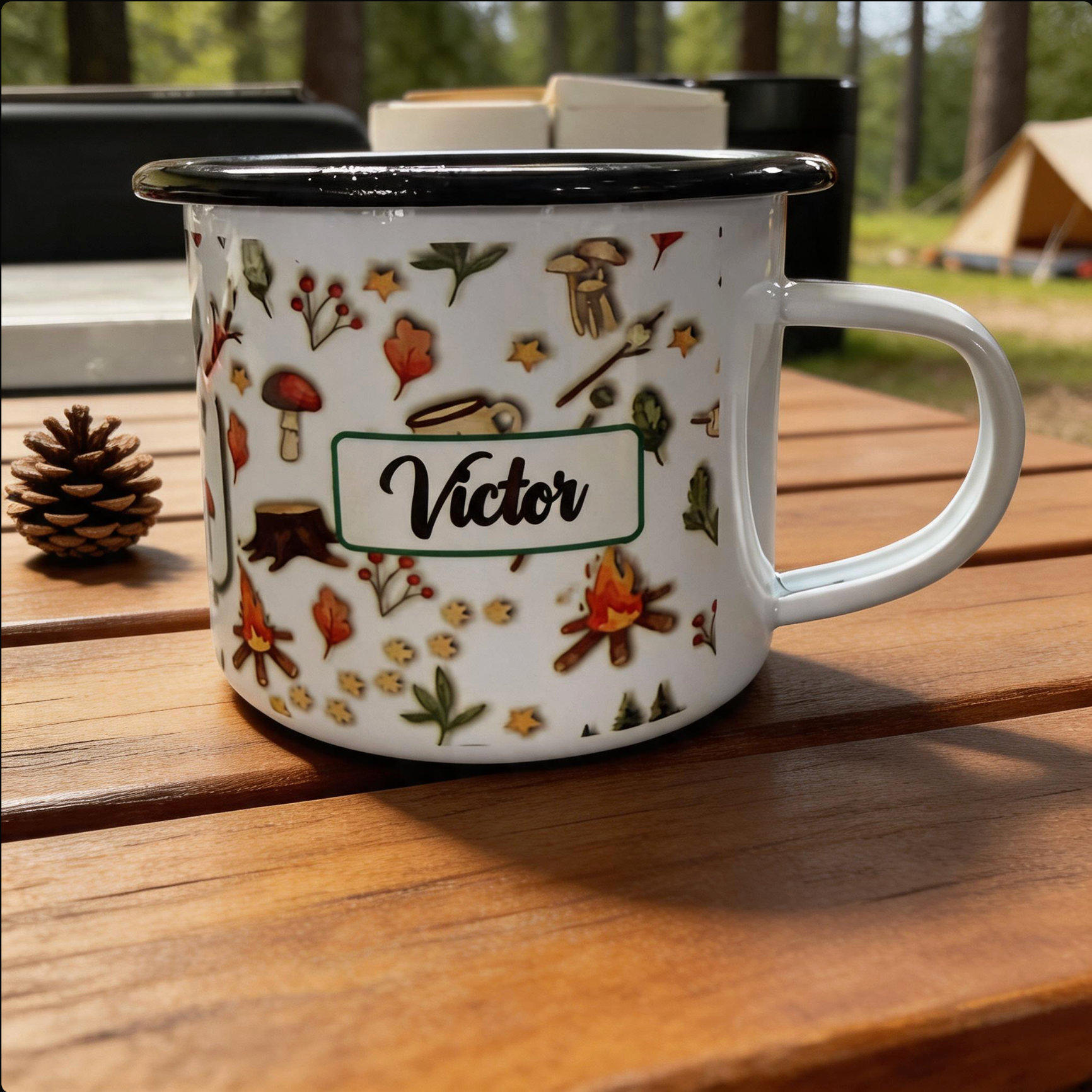 Personalised Mushroom Camping Mug – 8 cm Enamel Mug with Black Rim & Name