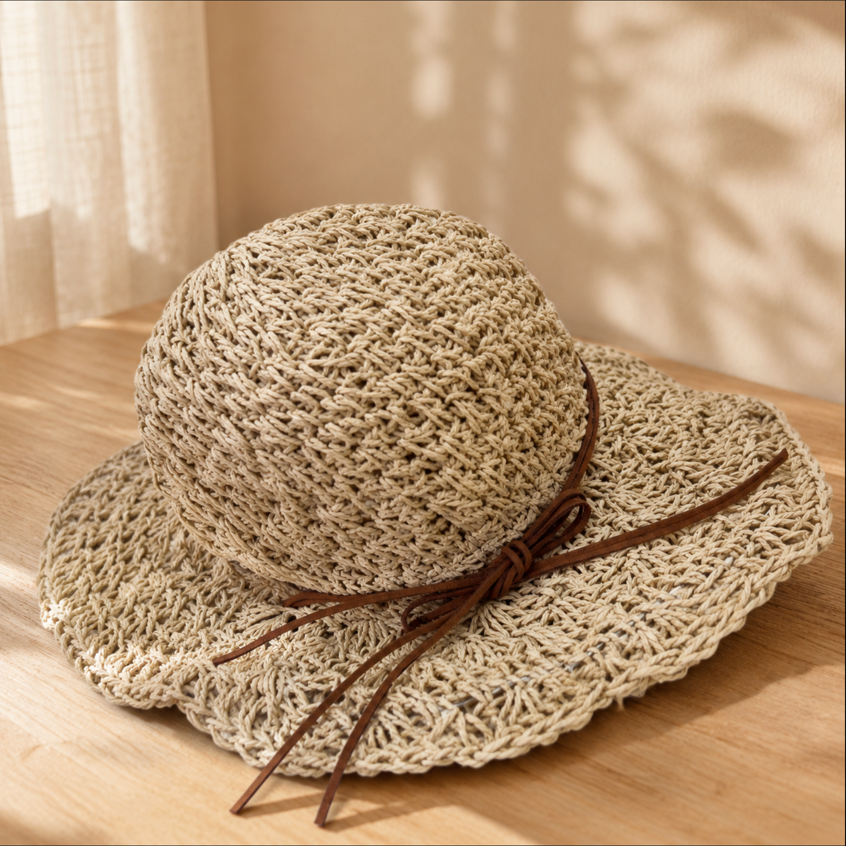 A woven straw sun hat with a wide brim and a brown ribbon bow, resting on a wooden surface with warm natural light and soft leaf shadows.