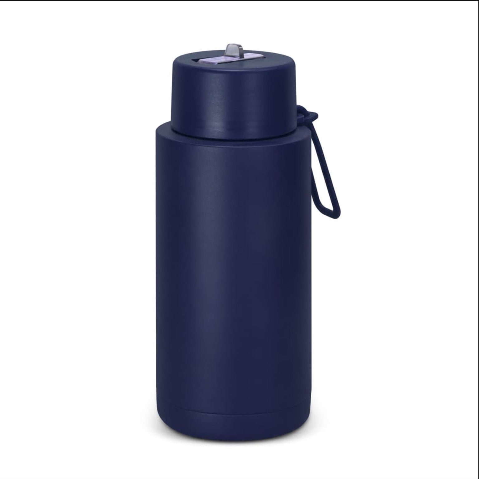 A dark navy blue insulated water bottle with a matching lid and a small carrying loop, shown on a plain white background.
