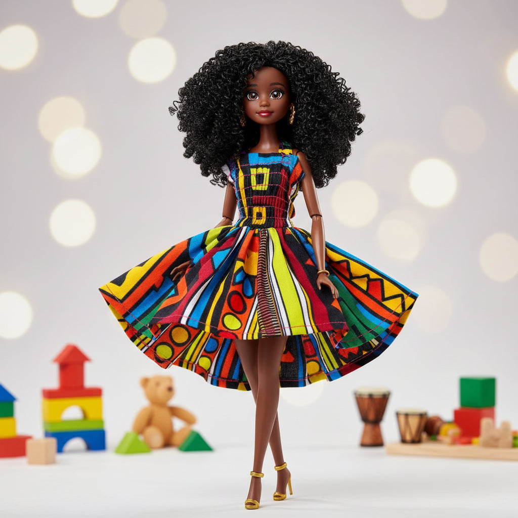 Nemy Cotton African Print Doll Dress & Accessories – 11.5-Inch Doll Outfit