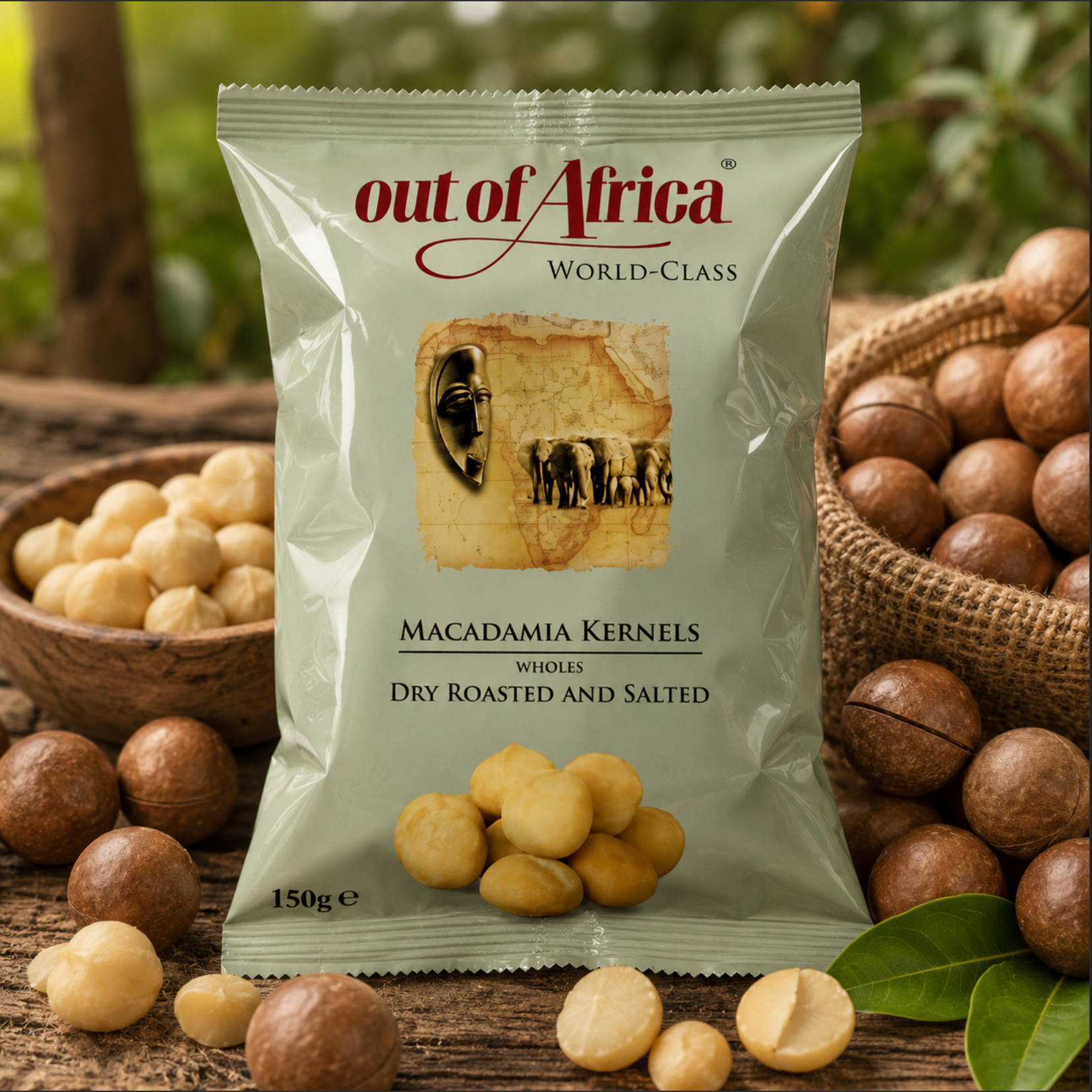 Bag of Out of Africa macadamia kernels with macadamias around on a wooden surface.
