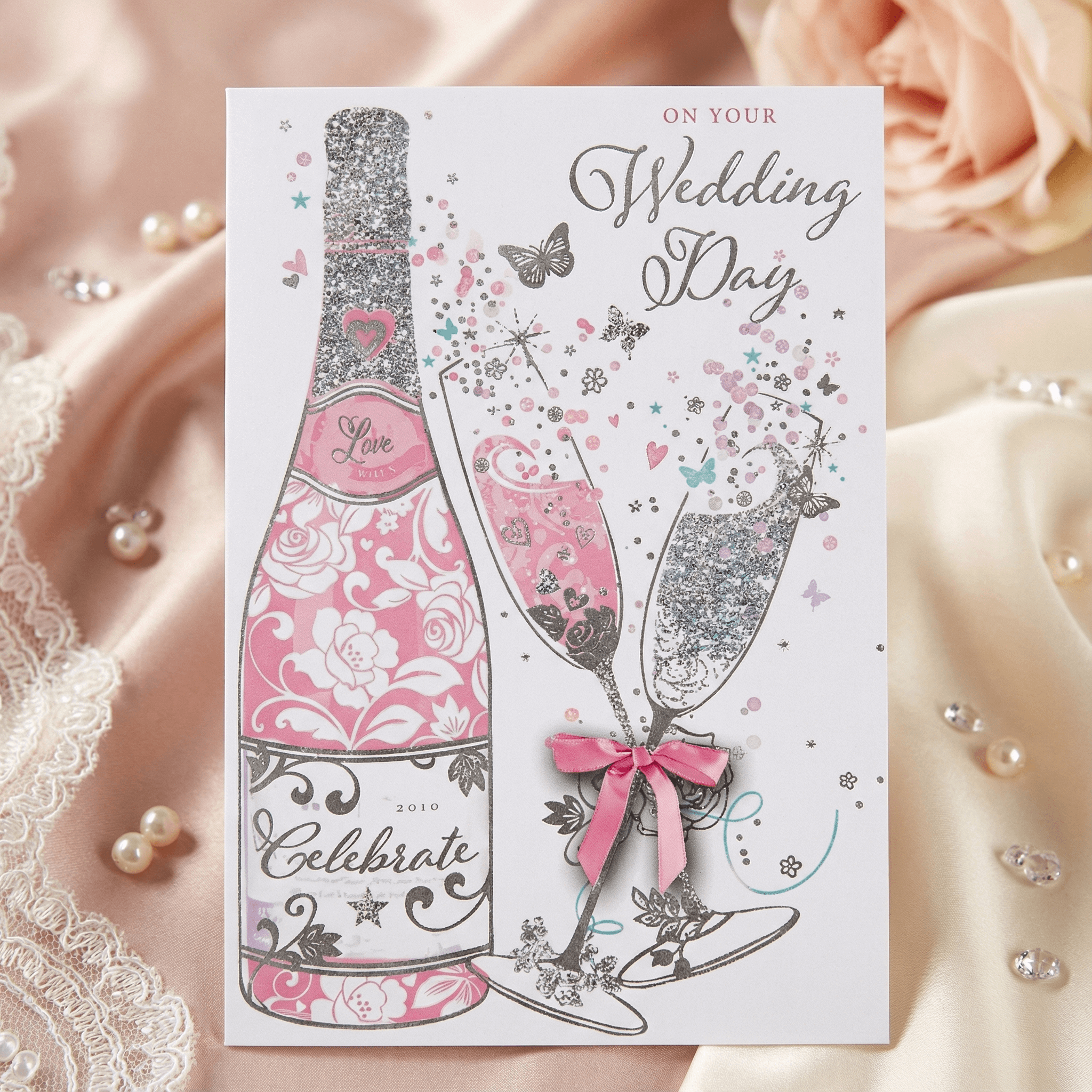 On Your Wedding Day – Pink & Silver Sparkle Celebration Card