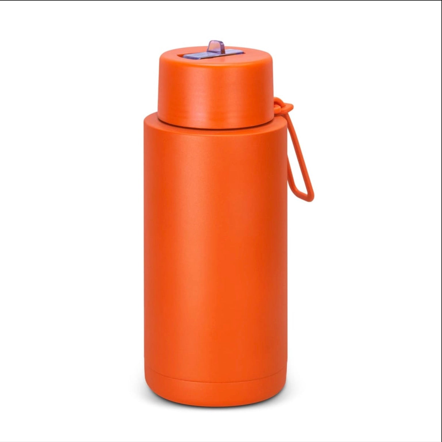 An orange insulated water bottle with a matching orange lid and carrying loop, shown on a plain white background.