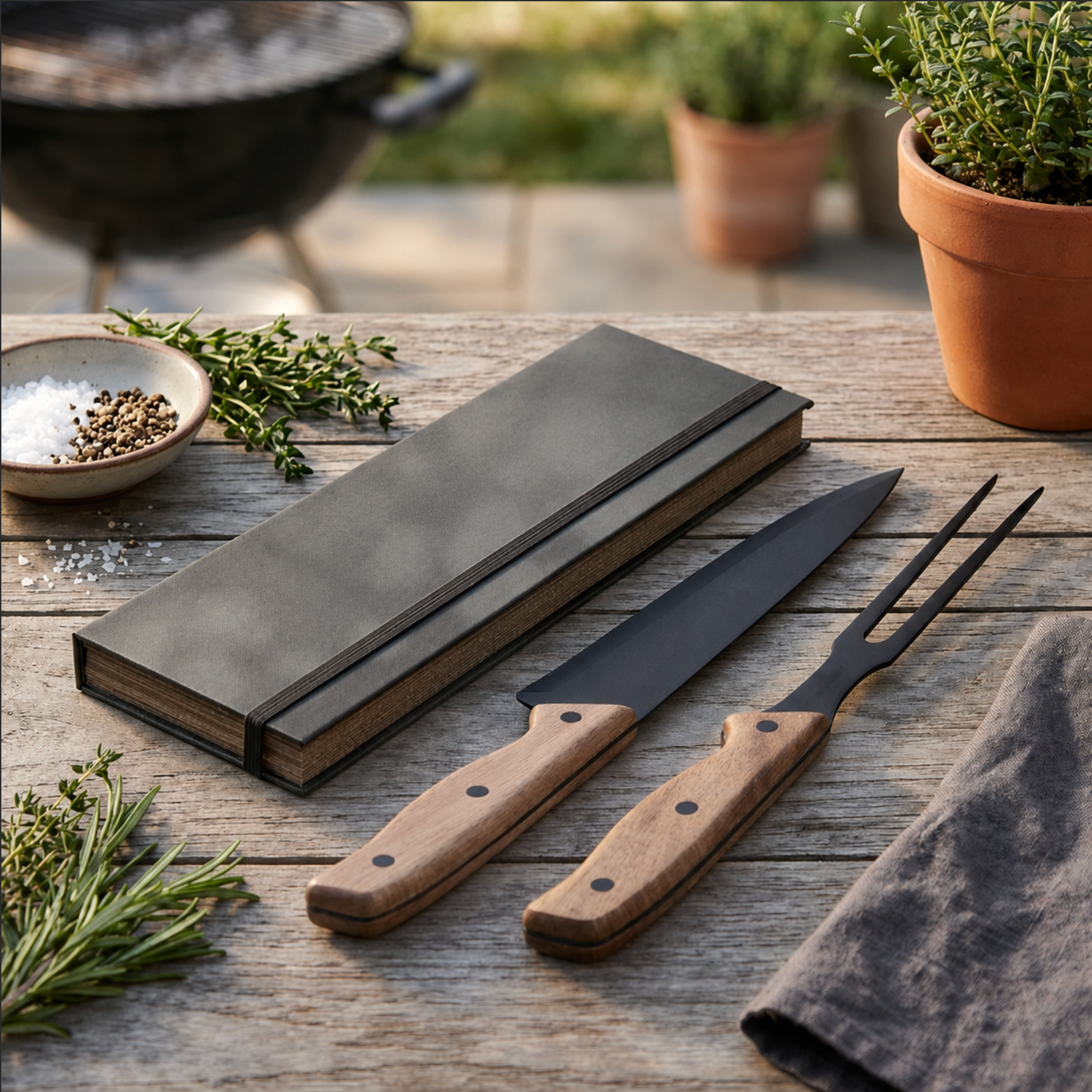 Set of knives and a sharpener on a wooden surface with herbs and plants in the background