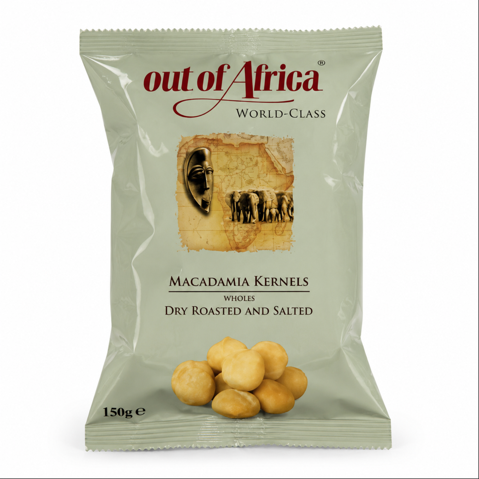 Package of Out of Africa macadamia kernels on a white background
