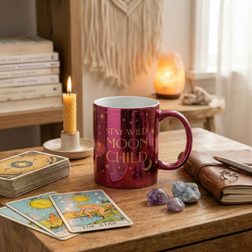Mug with 'Stay Wild Moon Child' text on a table with tarot cards, candles, and crystals.