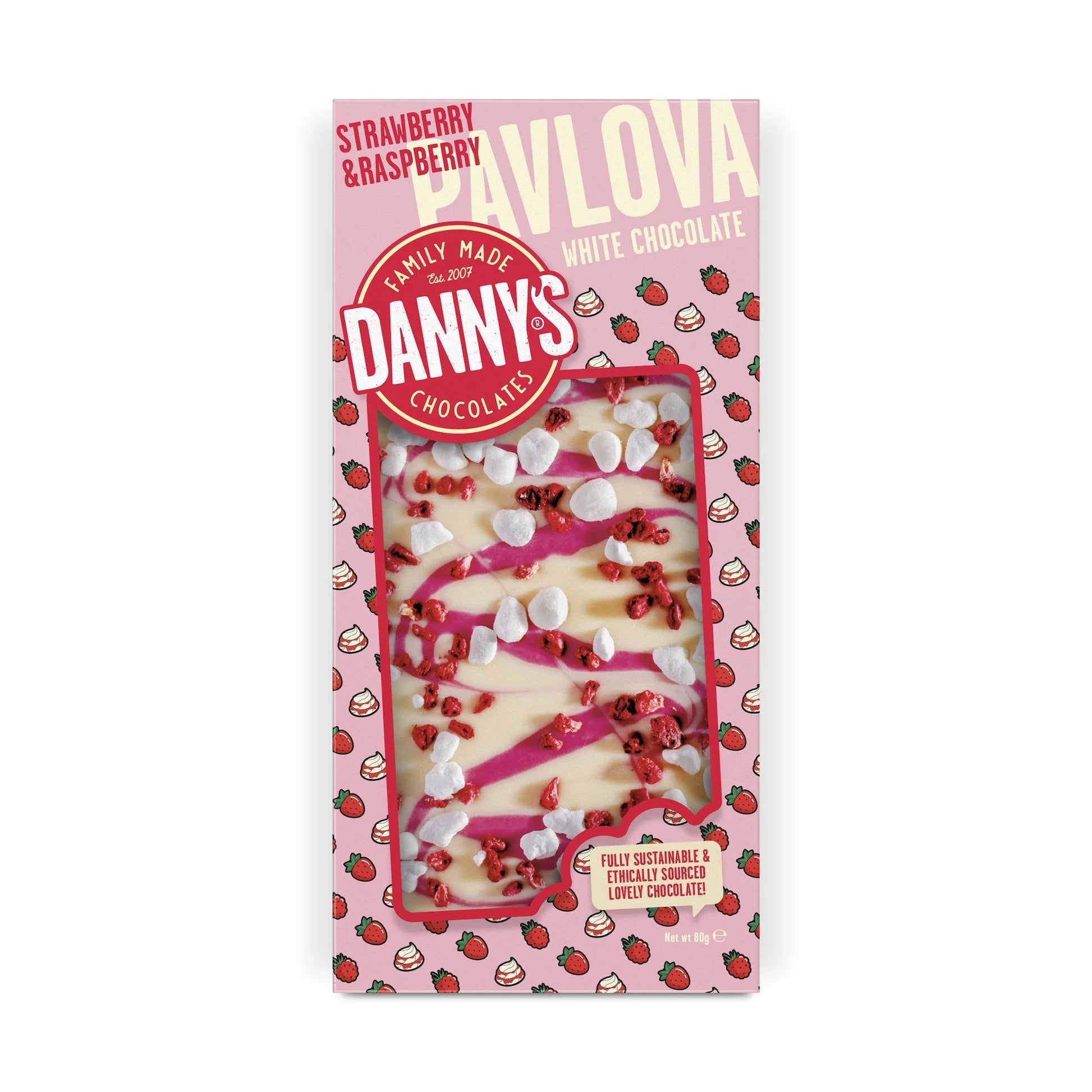 Danny’s – Strawberry & Raspberry Pavlova White Chocolate Bar (80g)