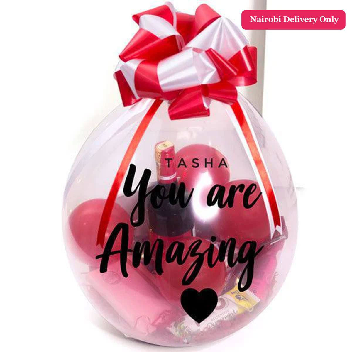 Gift bag with red hearts, a bow, and 'You are Amazing' text on a white background.