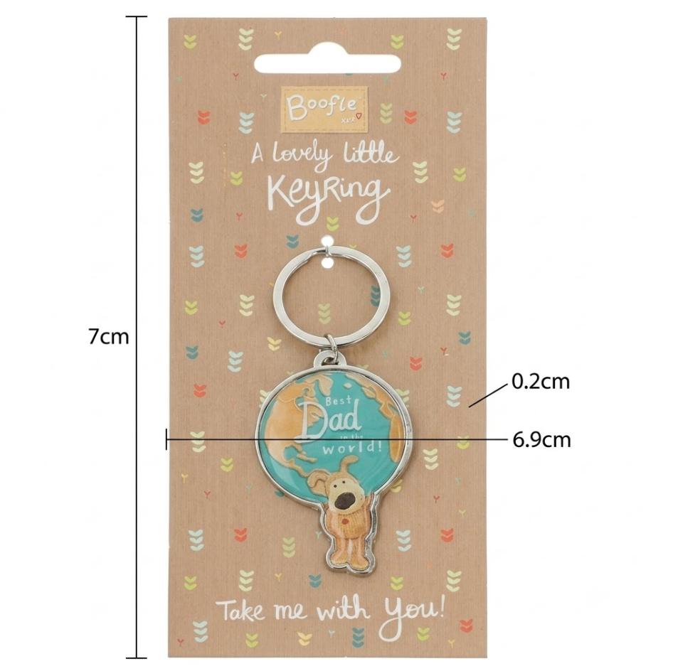 Keyring packaging with measurements and 'Boofle' branding
