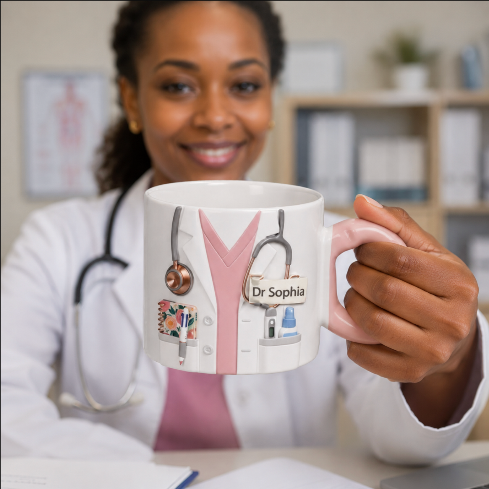 Person holding a mug with 'Dr Sophia' design in a medical setting