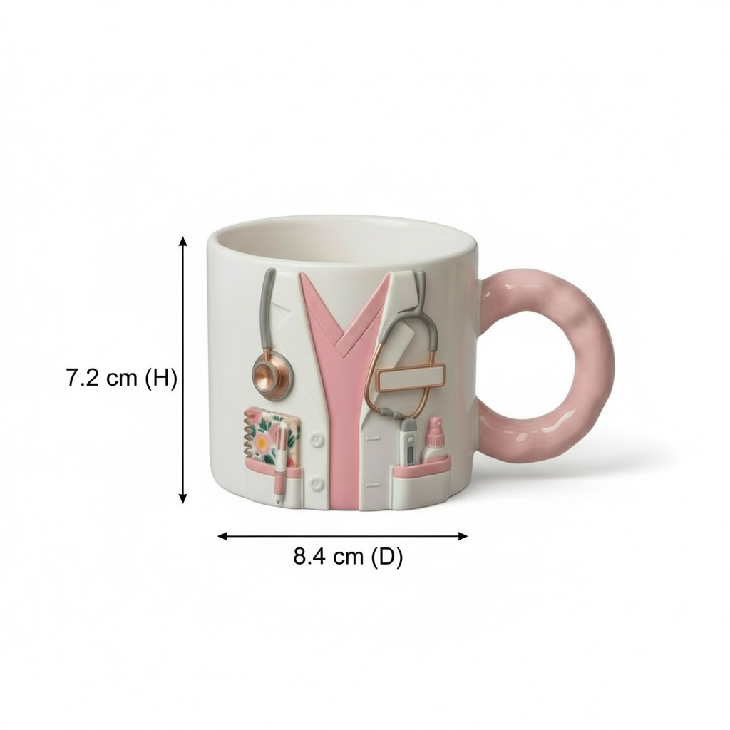 Mug with decorative elements and measurements on a white background