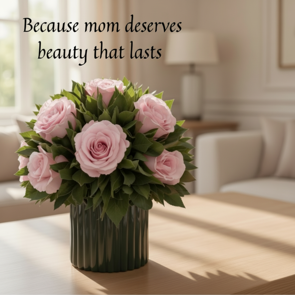 Pink Forever Roses with Greenery – Luxury Preserved Rose Arrangement