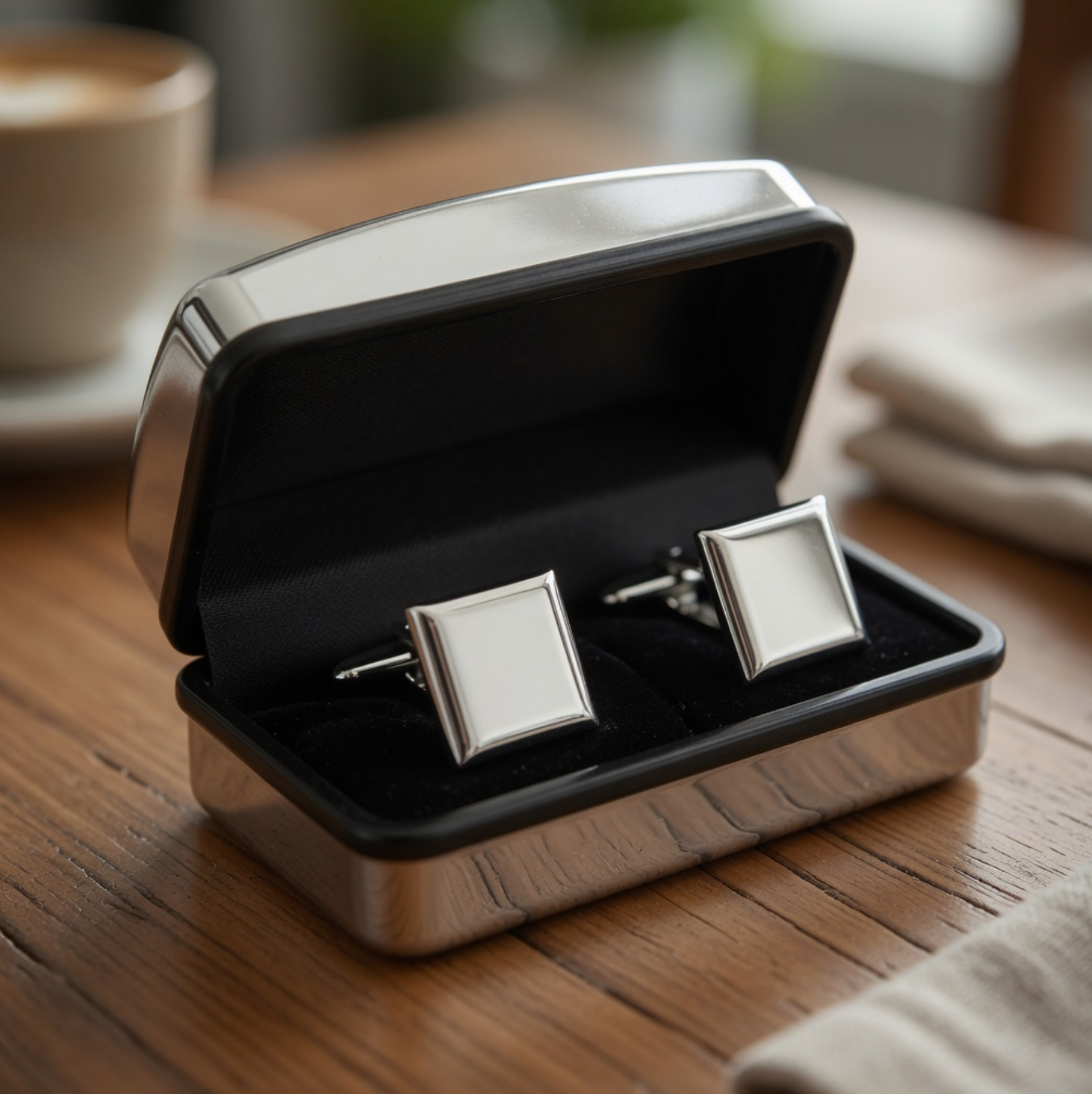 Square cufflinks in a black and silver case on a wooden surface.