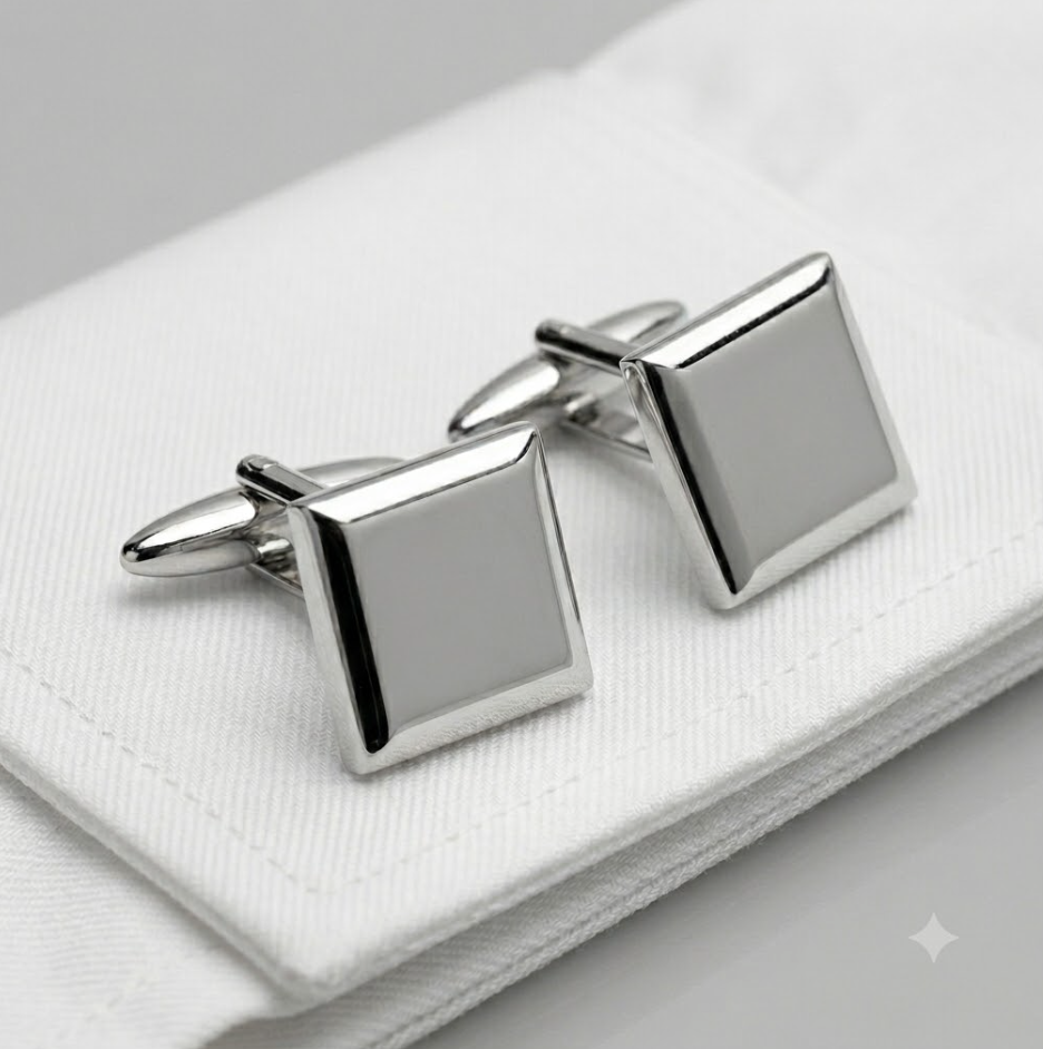 Silver square cufflinks on a white box