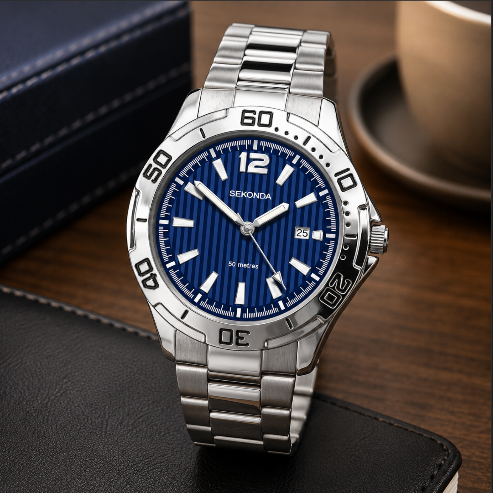 Silver wristwatch with blue dial on a wooden surface