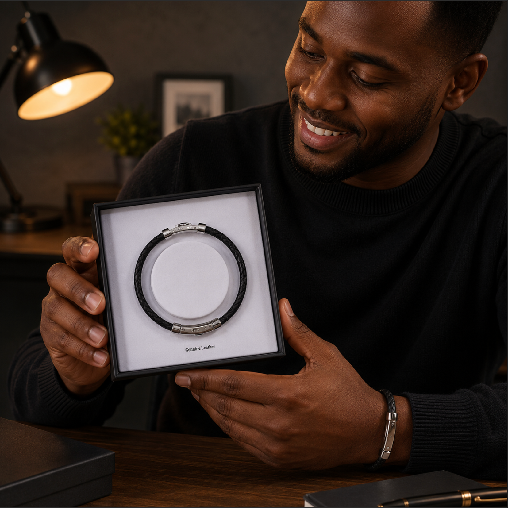 Man holding a bracelet in a box with a warm indoor setting