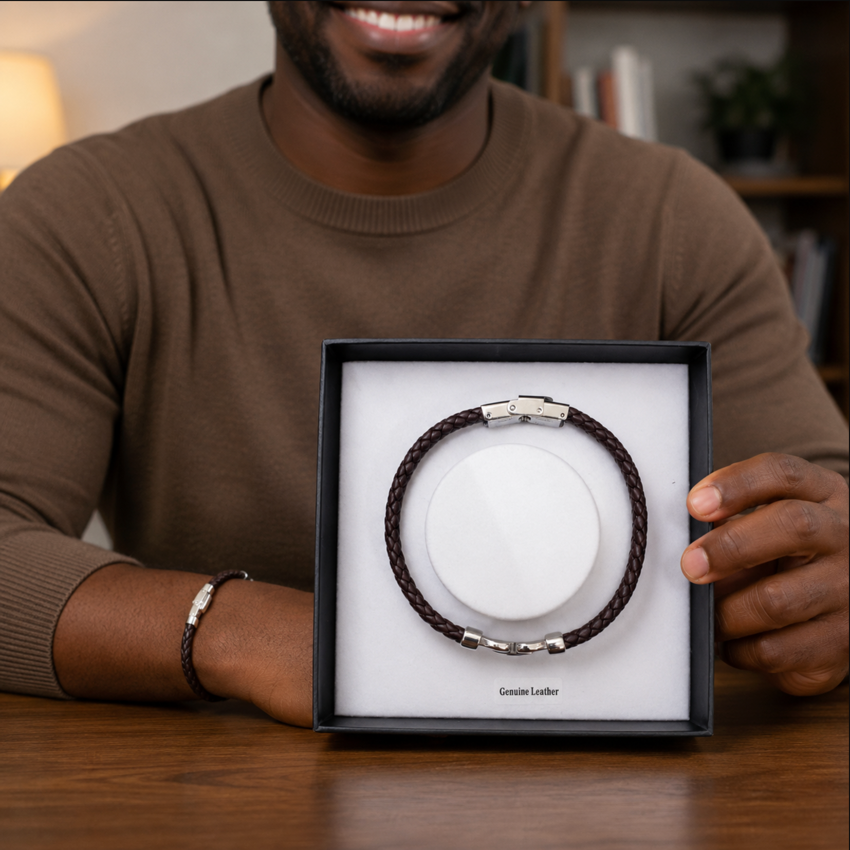 Man holding a box with a leather bracelet inside, smiling.